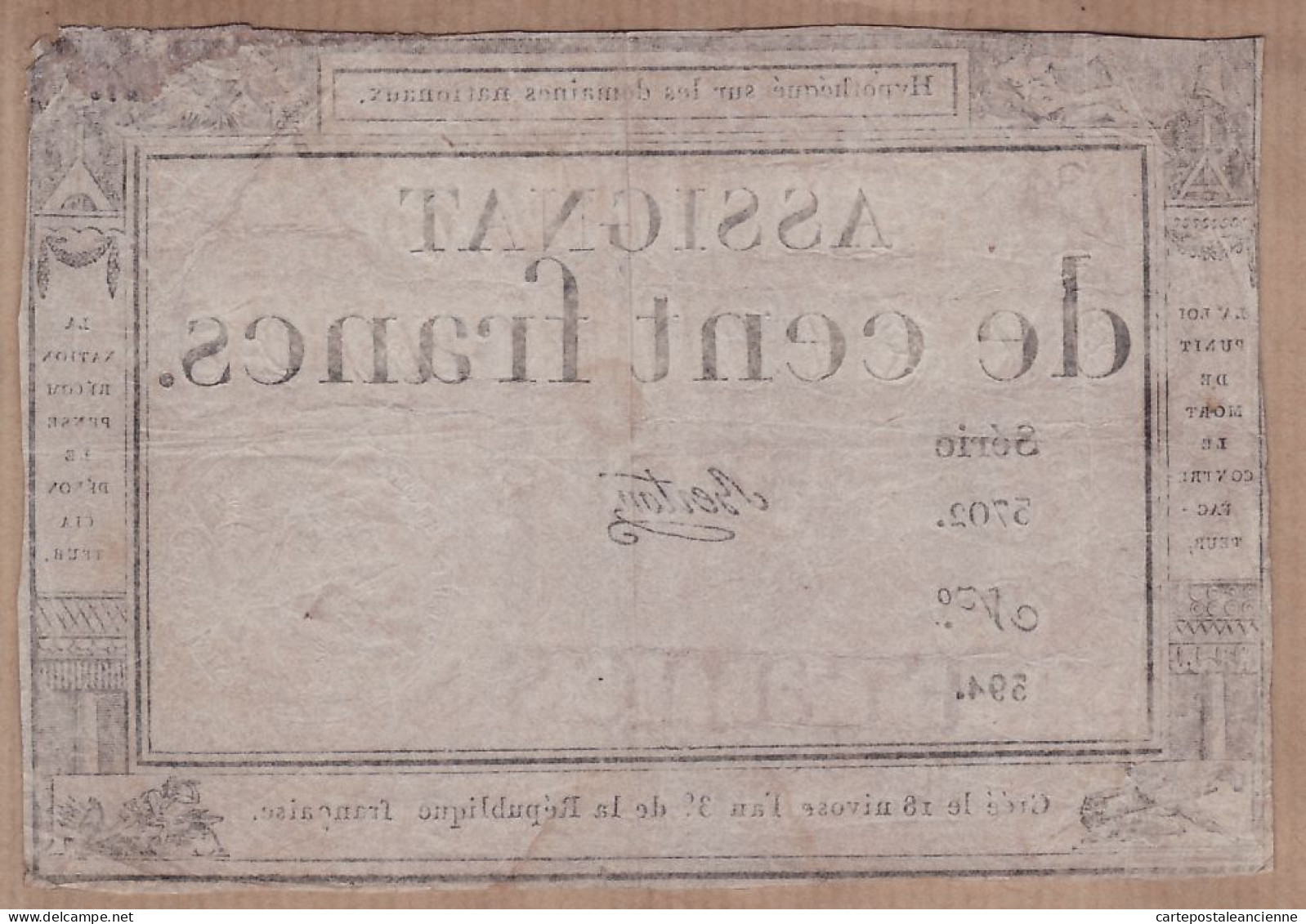 05980 / ⭐ ♥️ (•◡•) Etat TB+ Assignat Signé BERTON CENT 100 Francs Créé Lle 18 Nivrose AN 3 Série 3702 N°394 - Assignats & Mandats Territoriaux