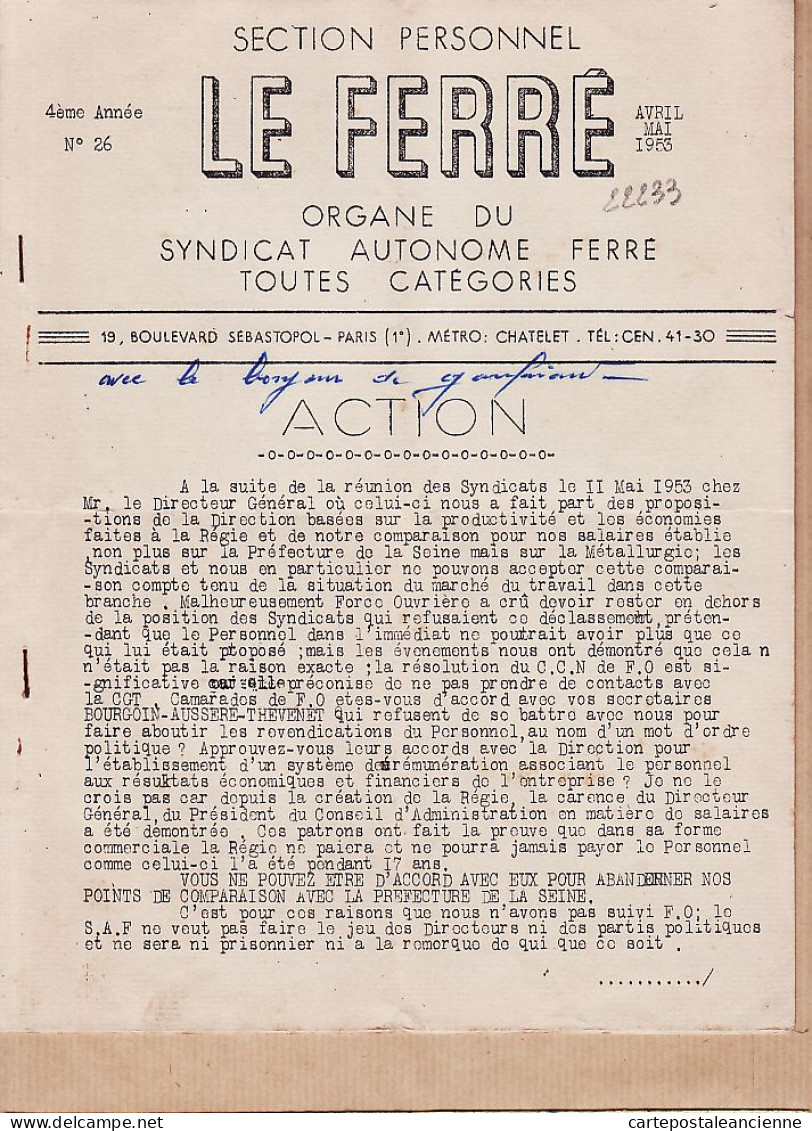 05709 / Journal Interne RATP - LE FERRE Section Personnel Organe SYNDICAT Autonome Avril-Mai 1953 N°26 - 1950 - Heute