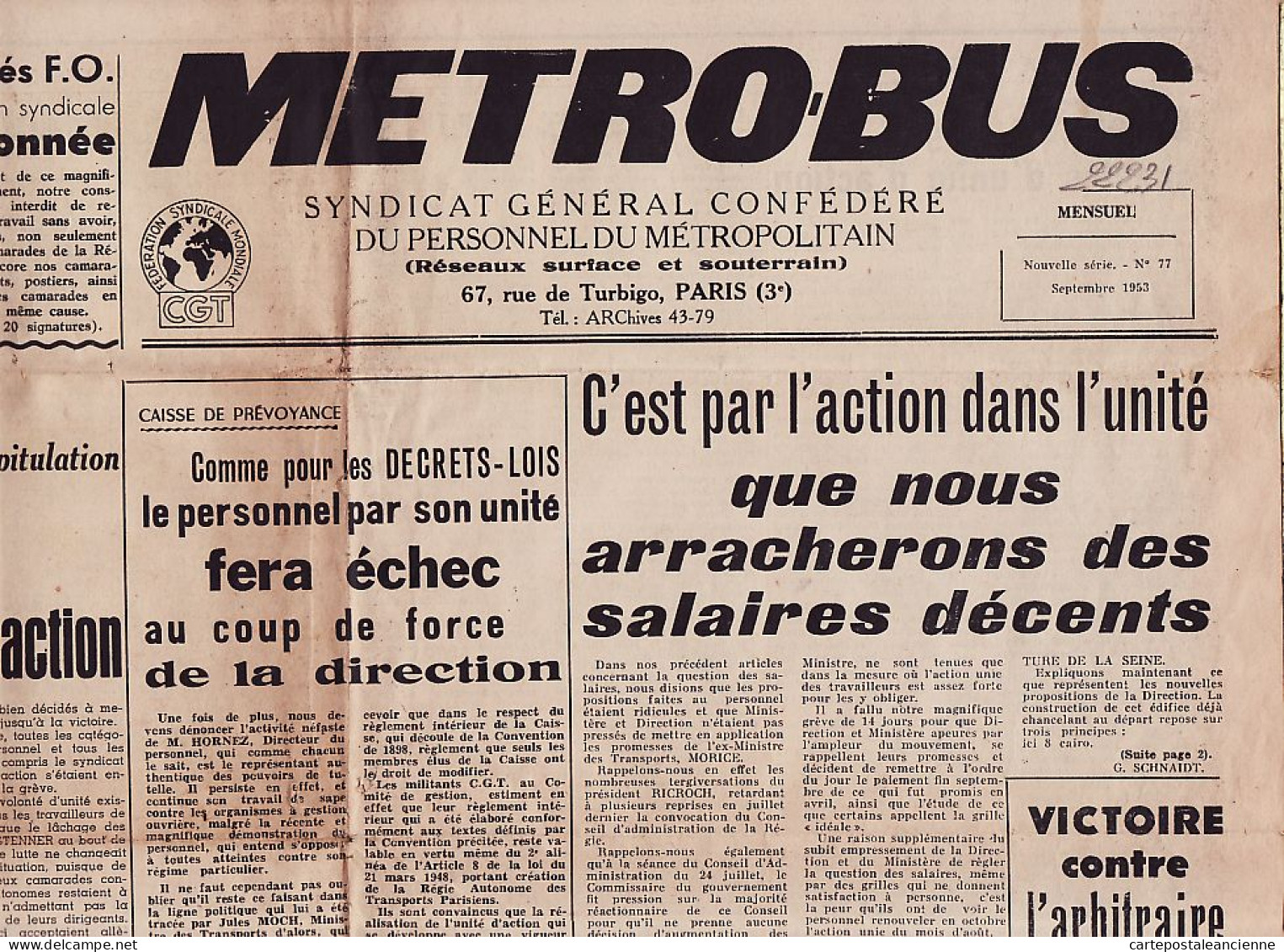 05710 / Journal CGT METRO-BUS METROBUS Syndicat Général Personnel METROPOLITAIN N°77 Septembre 1953 - 1950 - Nu