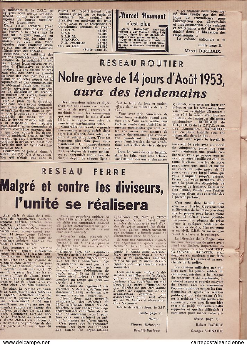 05710 / Journal CGT METRO-BUS METROBUS Syndicat Général Personnel METROPOLITAIN N°77 Septembre 1953 - 1950 à Nos Jours