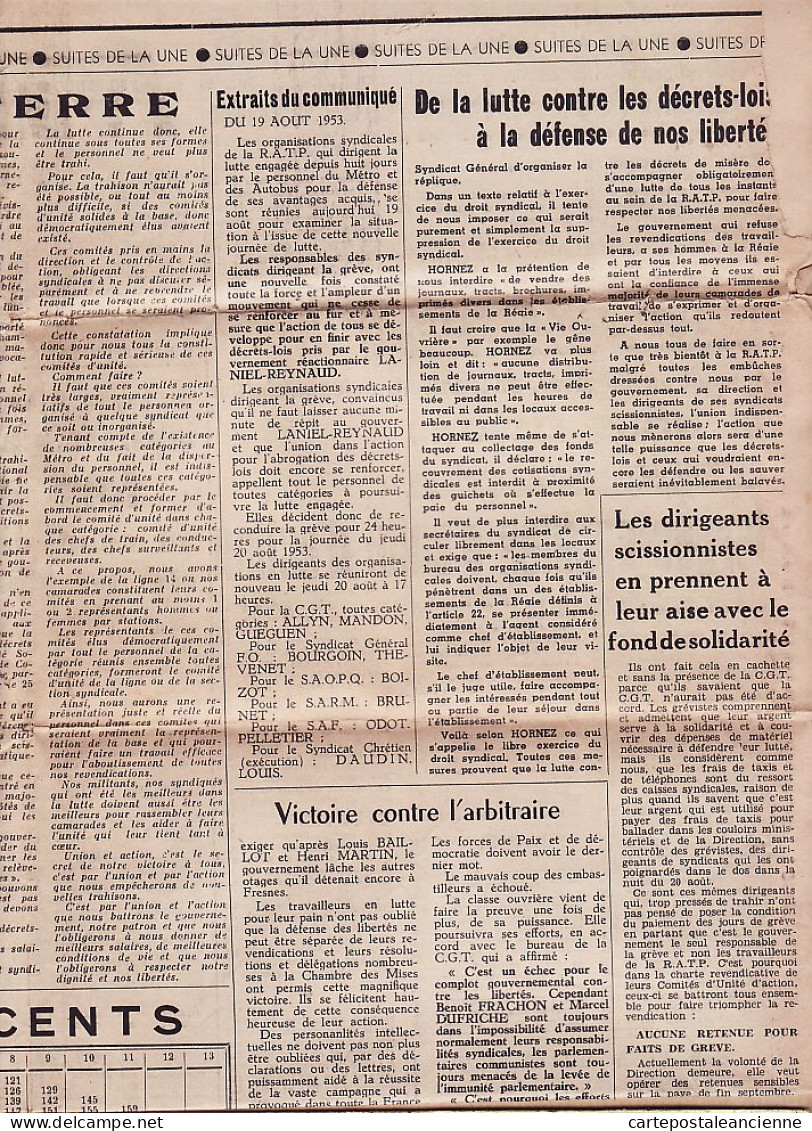 05710 / Journal CGT METRO-BUS METROBUS Syndicat Général Personnel METROPOLITAIN N°77 Septembre 1953
