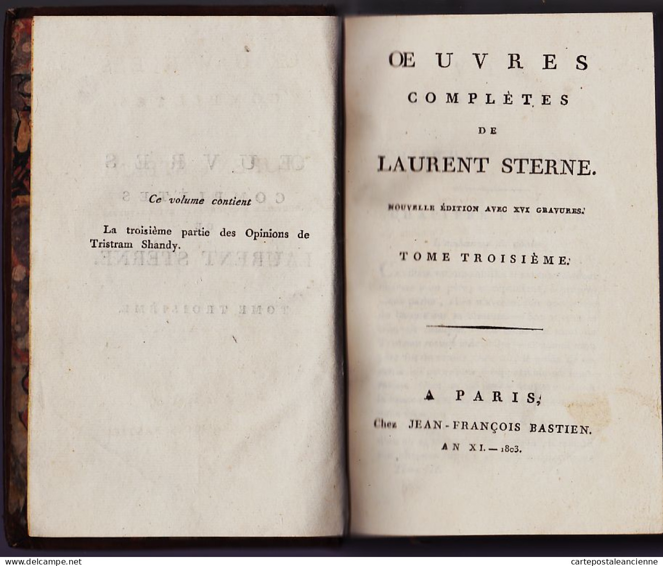 05703 / ⭐ ♥️ Rare OEUVRES Complètes STERNE Tristan SHANDY Edition Originale 1803 An XI BASTIEN Paris 3 Volumes 6 Tomes  - 1801-1900