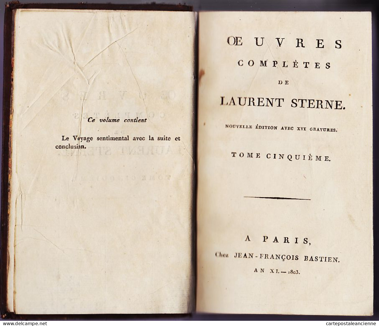 05703 / ⭐ ♥️ Rare OEUVRES Complètes STERNE Tristan SHANDY Edition Originale 1803 An XI BASTIEN Paris 3 volumes 6 Tomes 