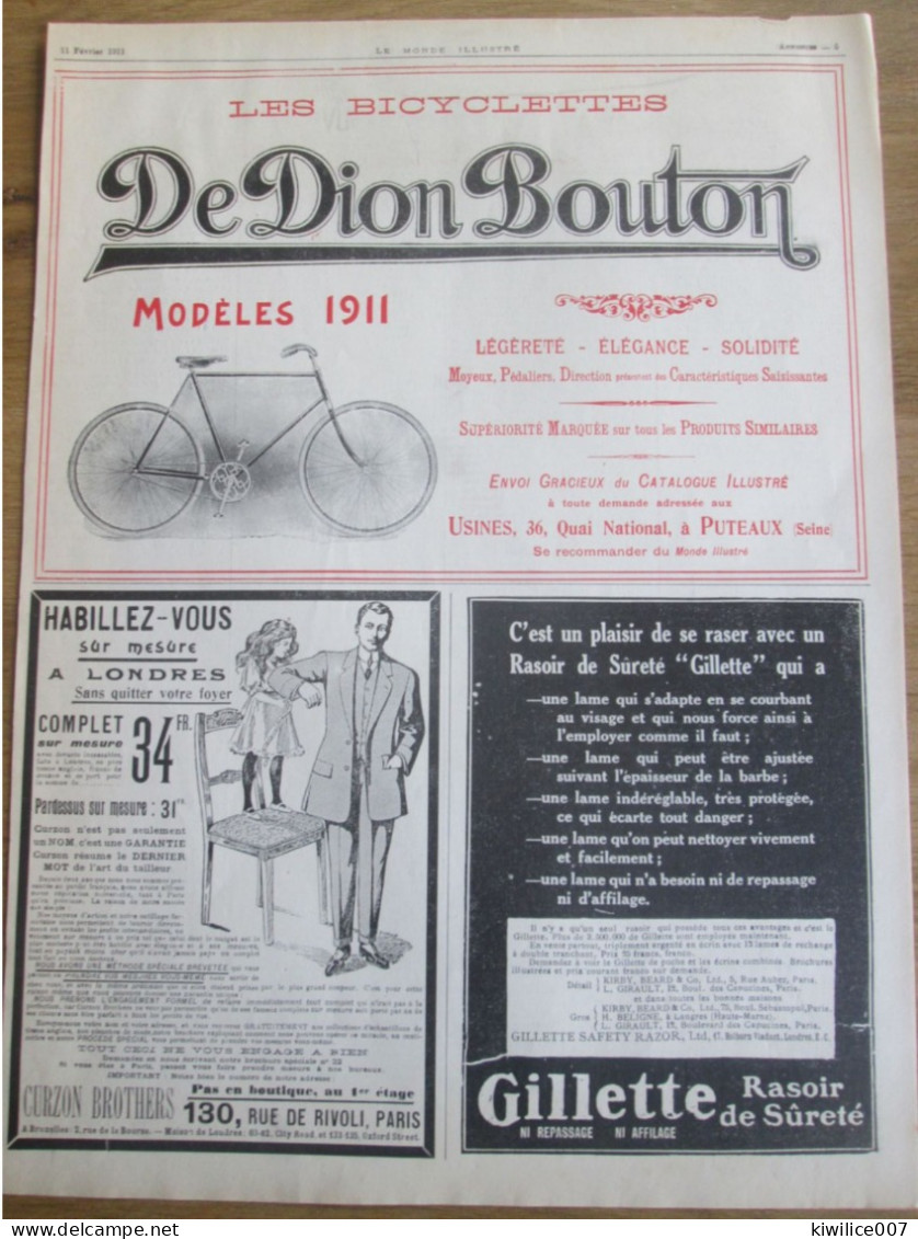 1911 VELO Cyclisme   BICYCLETTE  DE DION BOUTON - Advertising