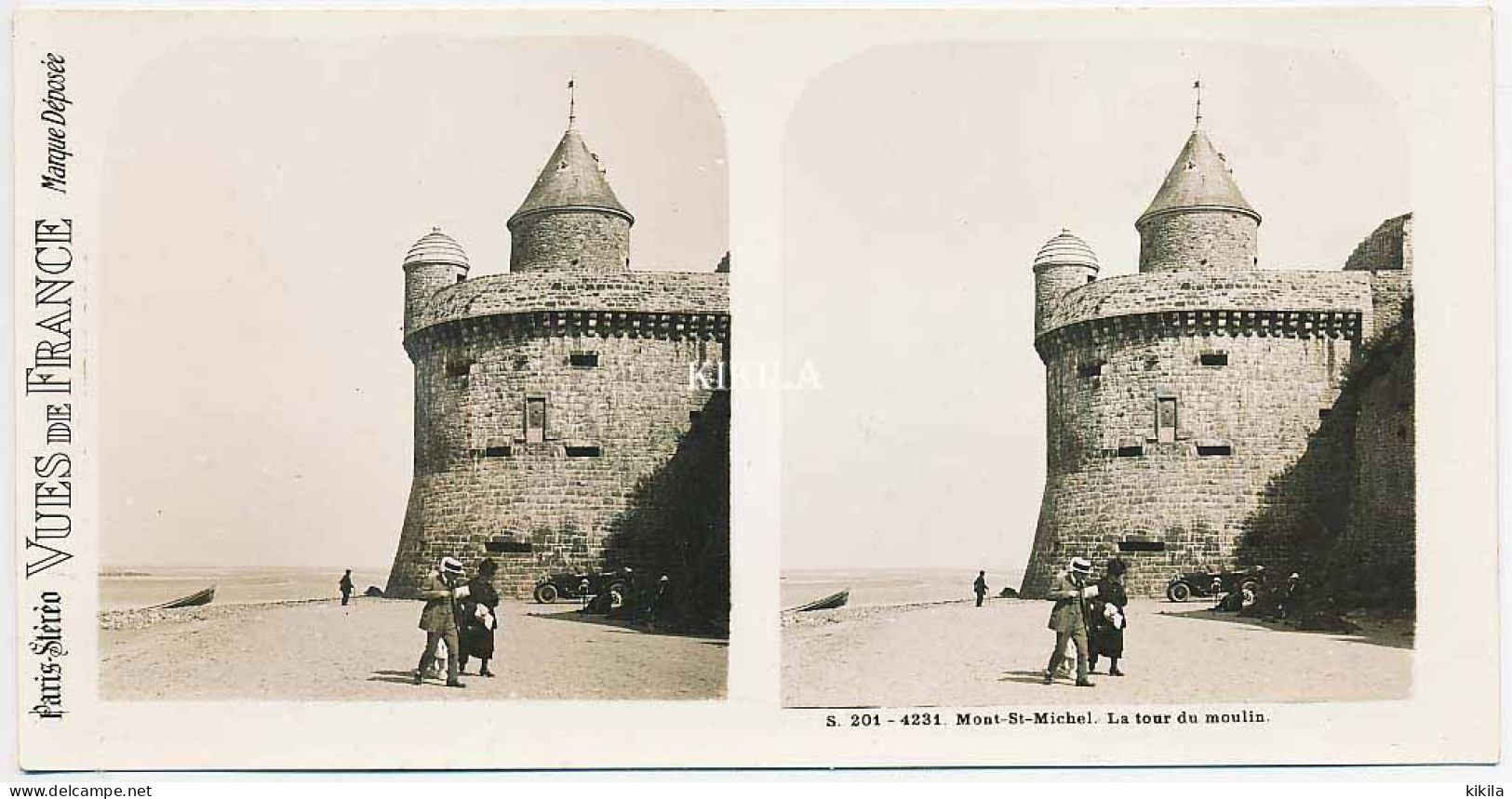 Photo Stéréoscopique 7,3x7,4cm Carte 17x8,7 Cm S.201 - 4231 MONT-SAINT-MICHEL La Tour Du Moulin  Automobile Animée - Stereoscopic