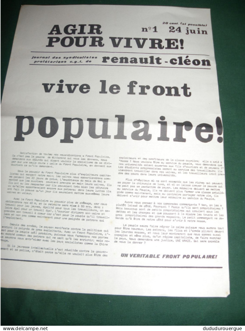 AGIR POUR VIVRE ! , JOURNAL DES SYNDICALISTES PROLETARIENS CGT DE RENAULT - CLEON : LE N ° 1 - Desde 1950