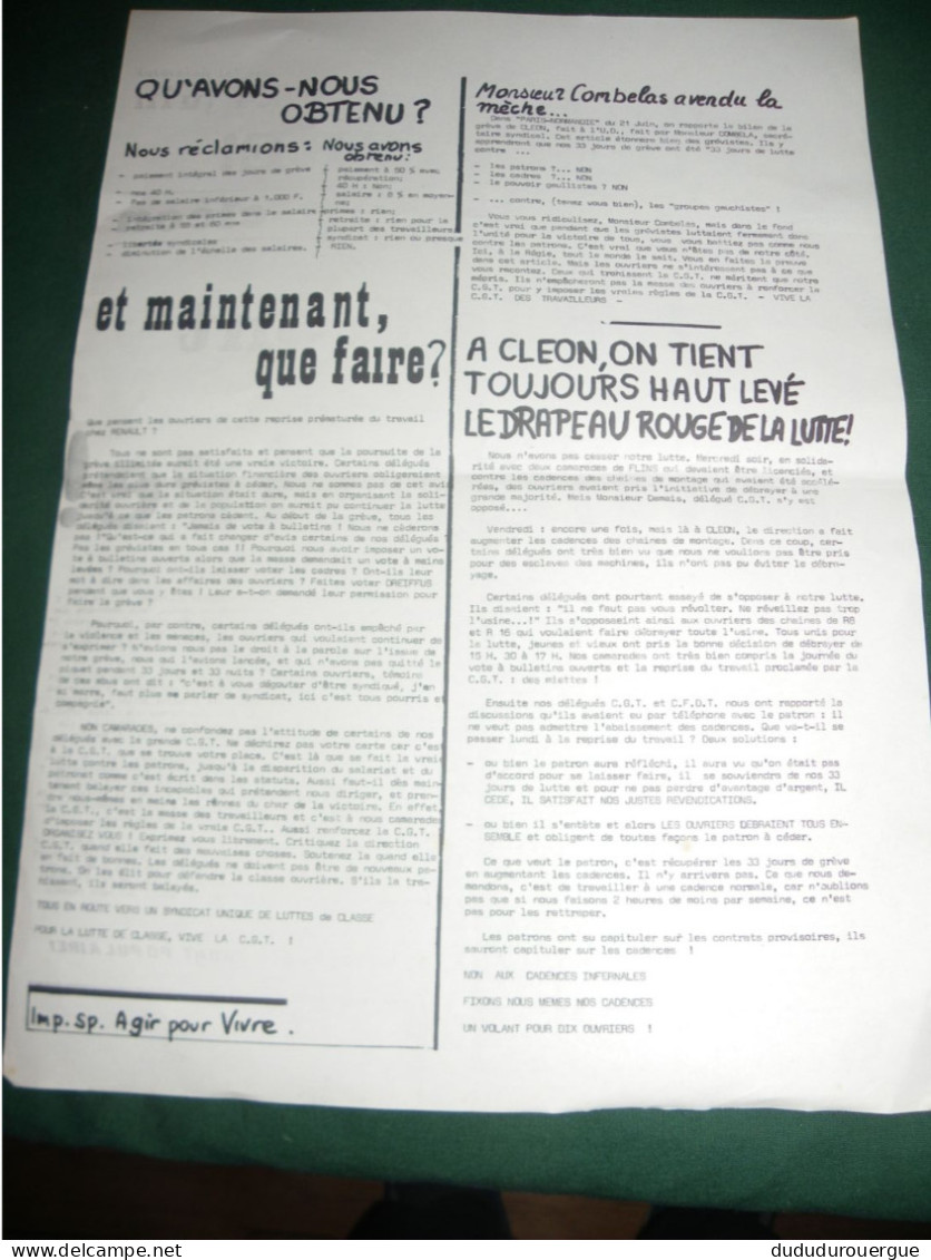 AGIR POUR VIVRE ! , JOURNAL DES SYNDICALISTES PROLETARIENS CGT DE RENAULT - CLEON : LE N ° 1 - 1950 - Heute