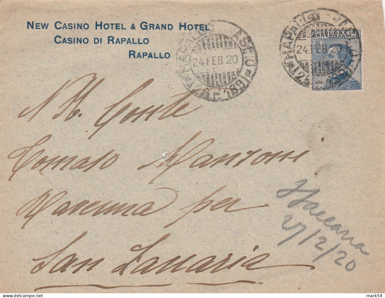 E 234 Rapallo Casino Frazionario 28-189 Del 1920 - Poststempel