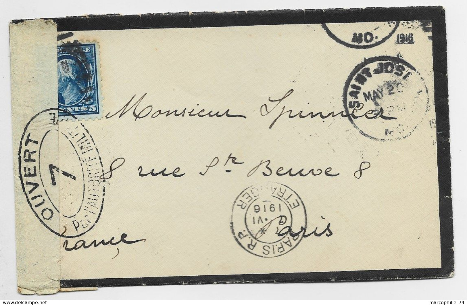 ETATS UNIS USA 5C SOLO LETTRE COVER SAINT JOSE 1916 TO FRANCE PARIS CENSURE OUVERT 7 - Cartas & Documentos