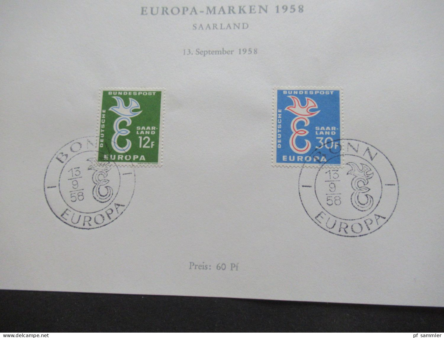 Europa CEPT Saarland Und BRD / Beide Ausgaben Auf Einem Sonderblatt Mit Sonderstempel Europa Bonn 13.9.1958 - 1958