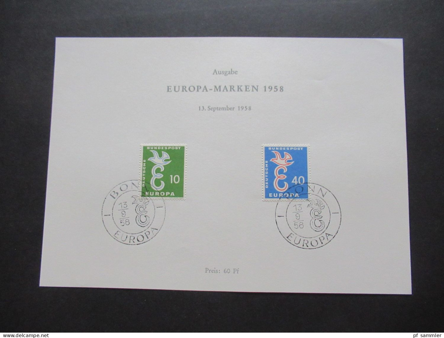 Europa CEPT Saarland Und BRD / Beide Ausgaben Auf Einem Sonderblatt Mit Sonderstempel Europa Bonn 13.9.1958 - 1958