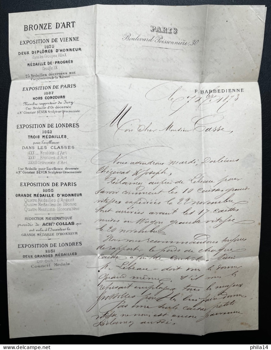 2X N°56 30c CERES SUR LETTRE / PARIS PL DE LA BOURSE POUR VIENNE AUTRICHE / 7 DEC 1873 / LAC / FONDERIE BARBEDIENNE / - 1849-1876: Classic Period