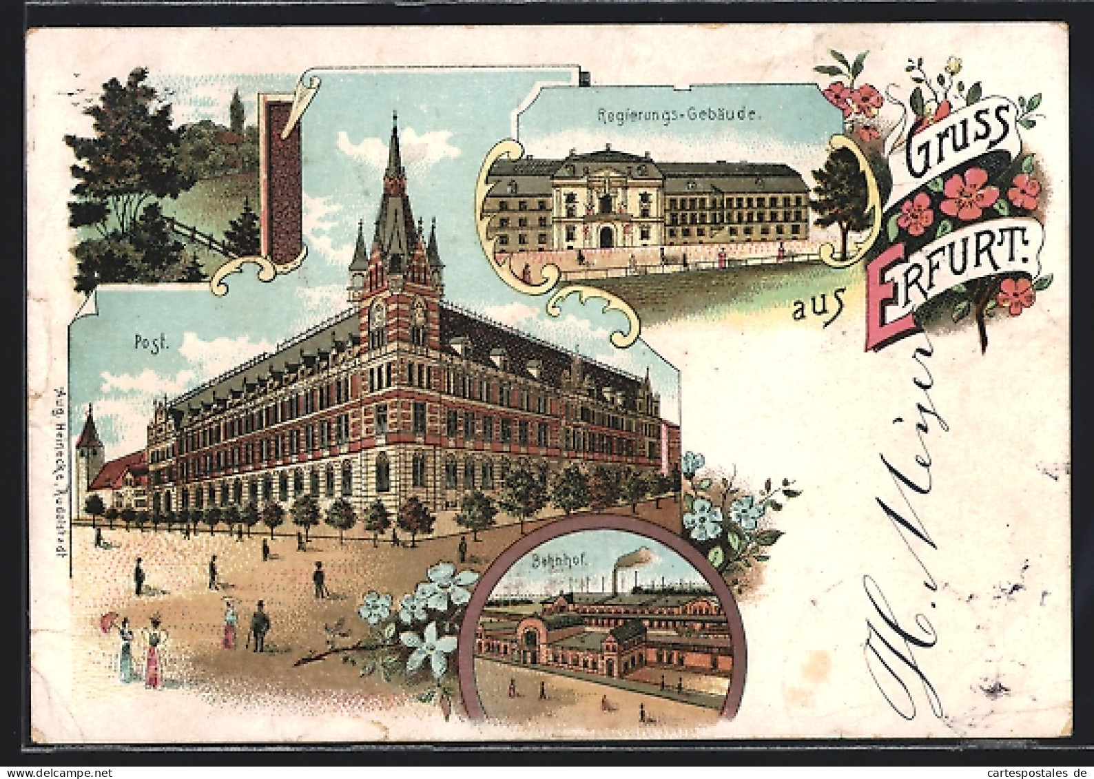 Lithographie Erfurt, Post, Regierungs-Gebäude, Bahnhof  - Erfurt