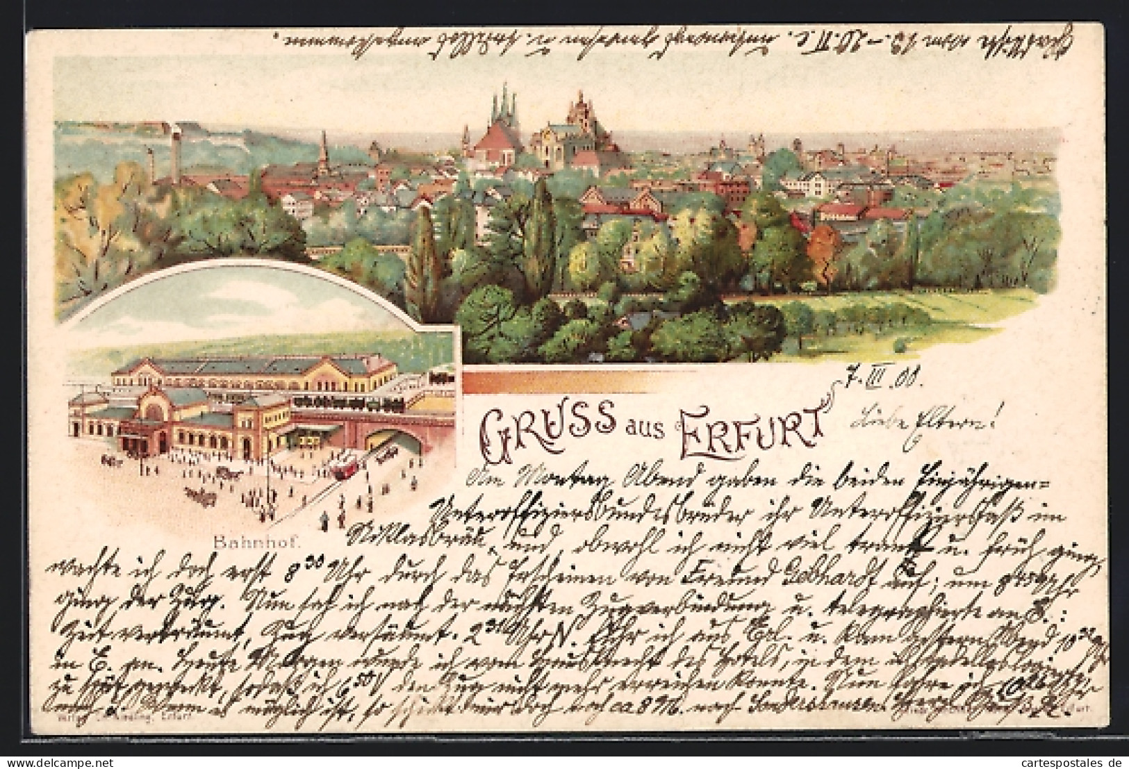 Lithographie Erfurt, Ortsansicht Mit Bahnhof  - Erfurt