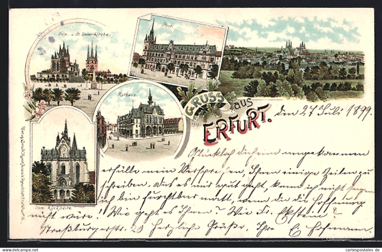 Lithographie Erfurt, Post, Dom U. St. Severikirche, Rathaus, Totalansicht  - Erfurt