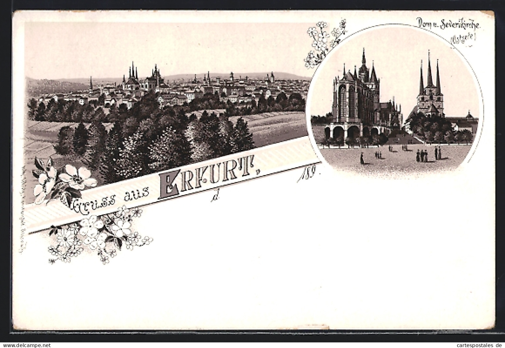 Lithographie Erfurt, Blick Zum Ort, Dom U. Severikirche  - Erfurt