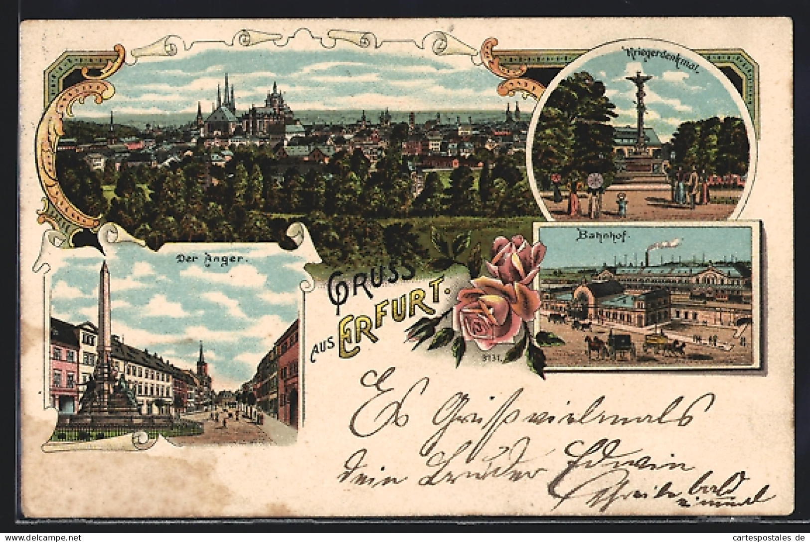 Lithographie Erfurt, Ortsansicht, Blick Auf Kriegerdenkmal, Bahnhof Und Anger  - Erfurt