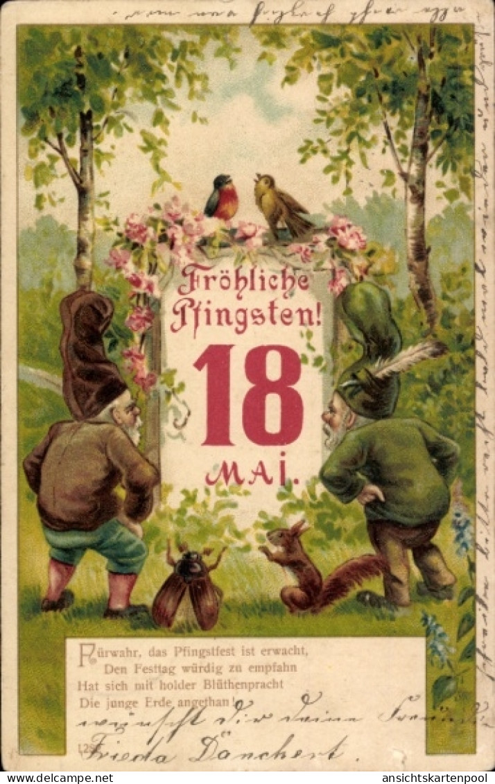 Lithographie Glückwunsch Pfingsten, Kalender, Zwerge, Maikäfer, Eichhörnchen, Vögel - Pentecost