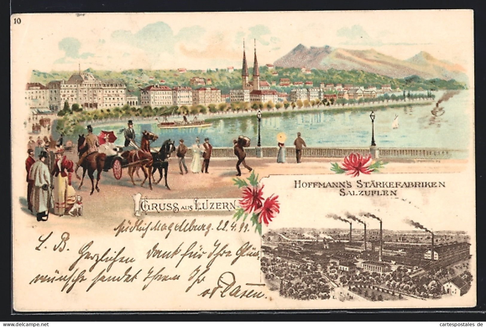 Lithographie Luzern, Flaneure Am Seeufer, Hoffmanns Stärkefabriken In Salzuflen  - Lucerna