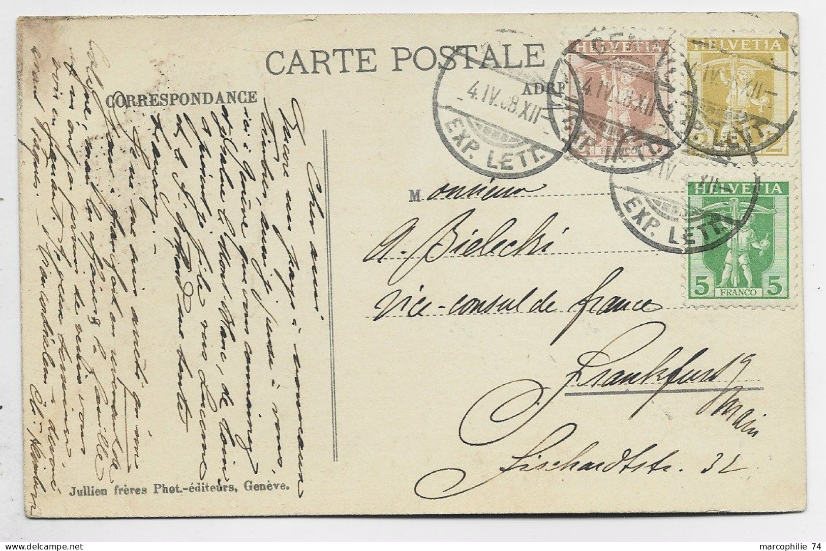 HELVETIA SUISSE 3C+2C+5C CARTE GENEVE 4.IV .1908 POUR ALLEMAGNE - Brieven En Documenten