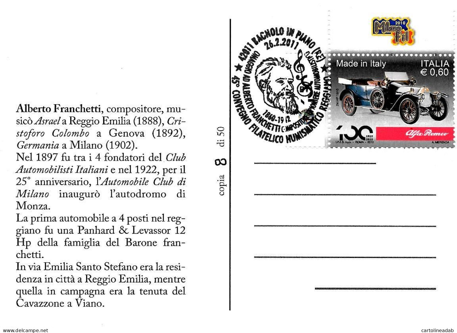 [MD9703] CPM - CLUB AUTOMOBILISTI ITALIANI - ALBERTO FRANCHETTI - CON ANNULLO 2011 TIR. LIM. - PERFETTA - Non Viaggiata - Altri & Non Classificati