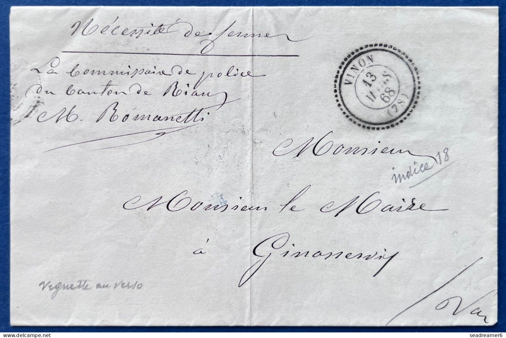 Lettre En Franchise + Contreseing Manuscrit & Au Dos Dateur Perlé T22 De " VINON " Pour GINASSERVIS Rare & SUPERBE ! - 1849-1876: Periodo Classico