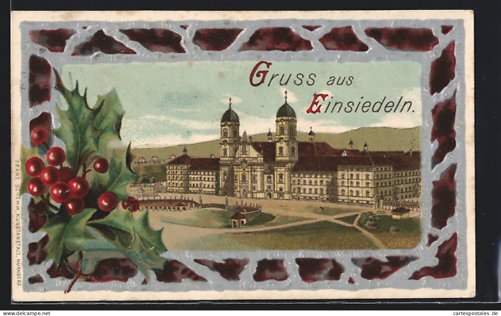 Lithographie Einsiedeln, Ansicht Vom Kloster, Stechpalmenrahmen  - Einsiedeln