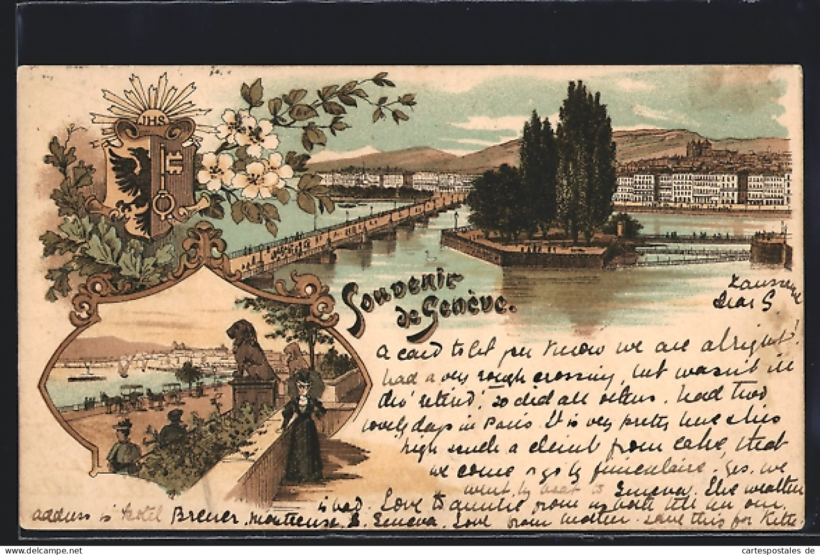 Lithographie Genève, Ortsansicht Mit Brücke, Löwenstatue, Stadtwappen  - Genève