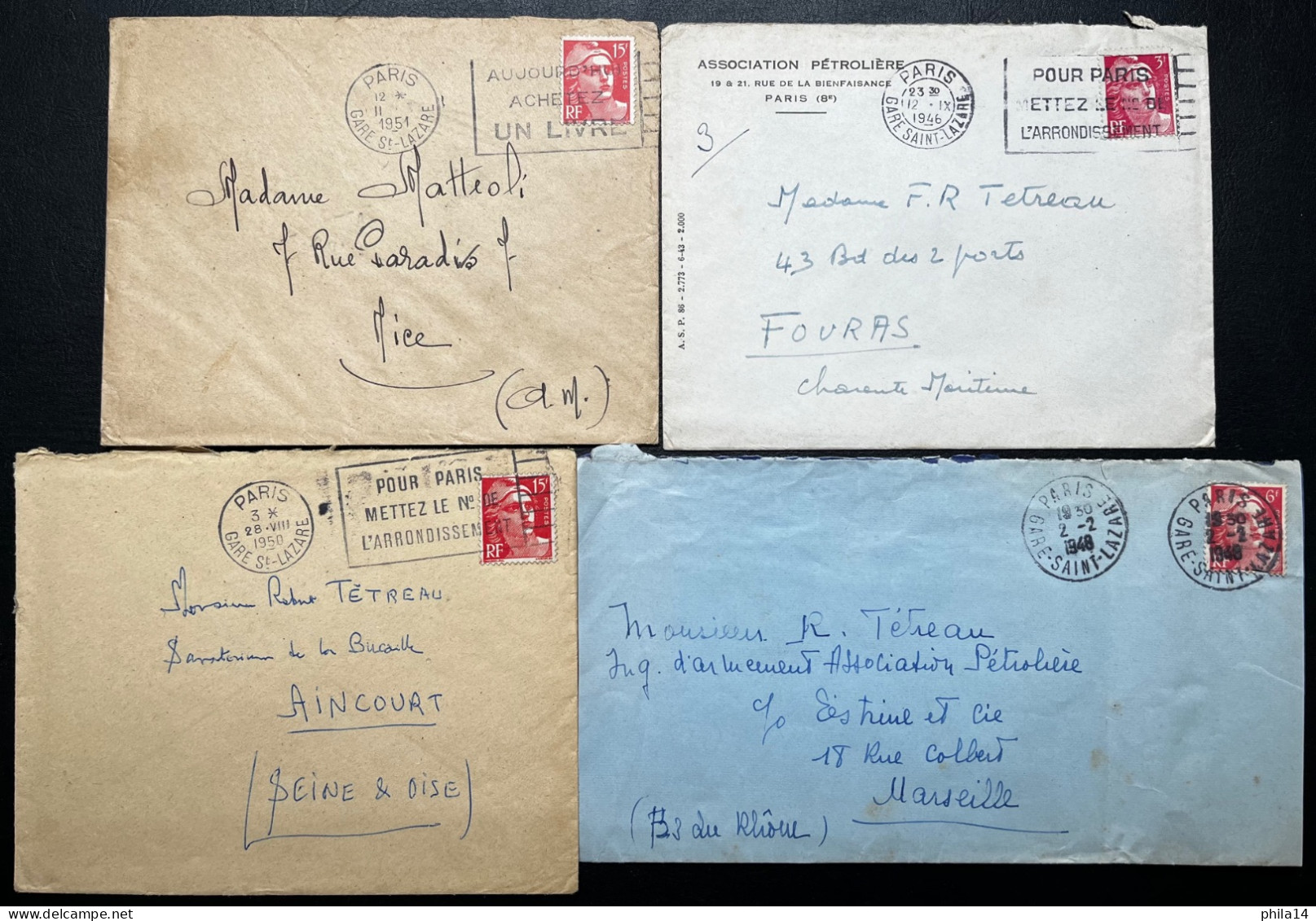 LOT DE 4 ENVELOPPES PARIS GARE ST LAZARE / MARIANNE DE GANDON / LOT N° 506 - 1921-1960: Modern Period