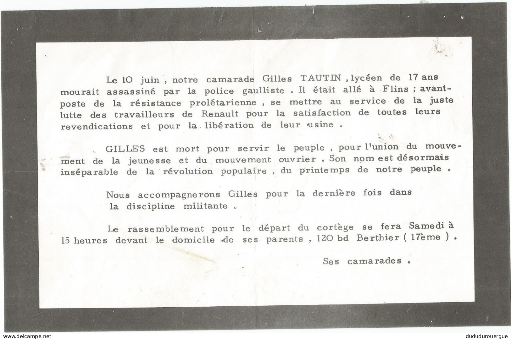 DECES DE GILLES TAUTIN LE 10 JUIN 1968 A FLINS  ...... - Unclassified
