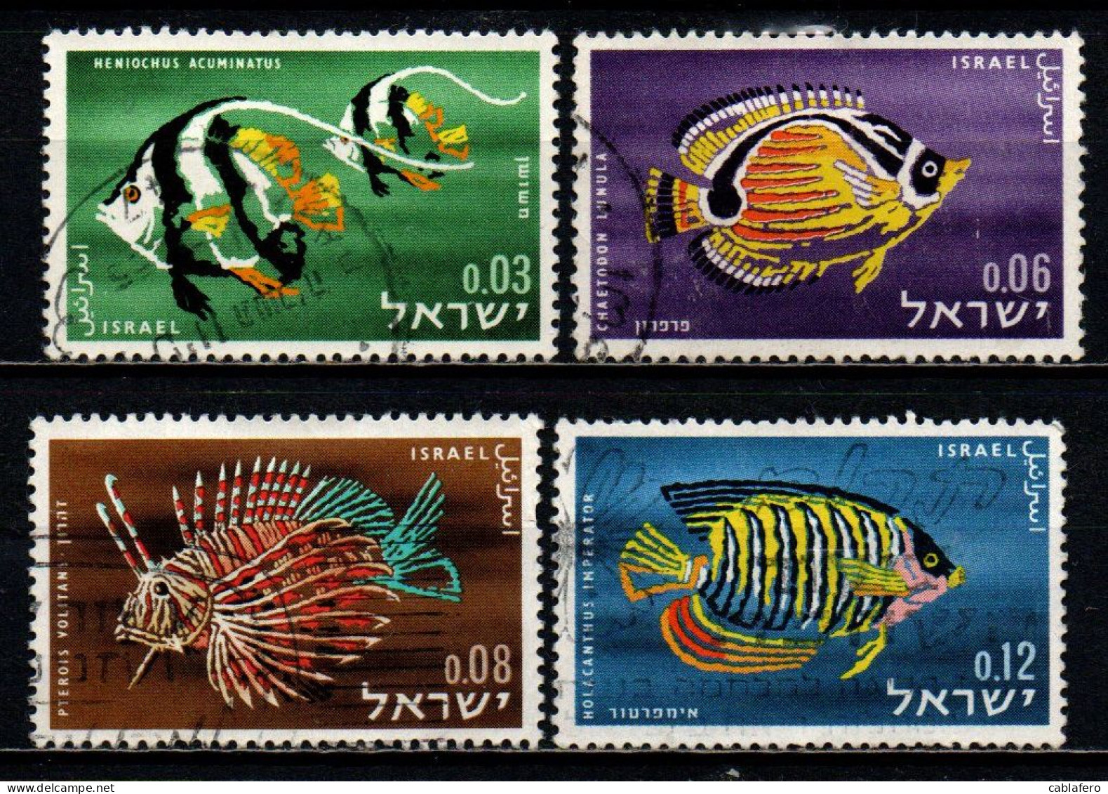 ISRAELE - 1962 - Red Sea Fishes: Pennant Coral Fish, Orange Butterflyfish, Lionfish, Zebra-striped Angelfis - USATI - Usados (sin Tab)
