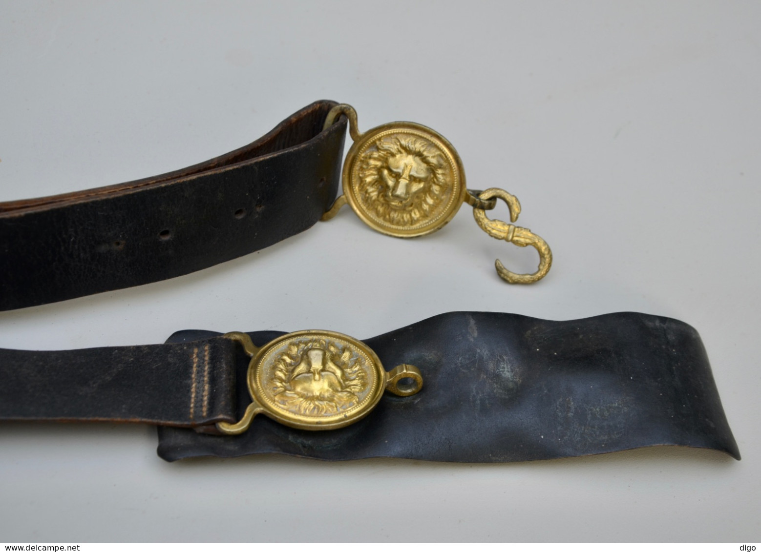 Sabre d’officier de chasseurs à cheval modèle 1792, avec son ceinturon en cuir à boucles à tête de lion en laiton doré.