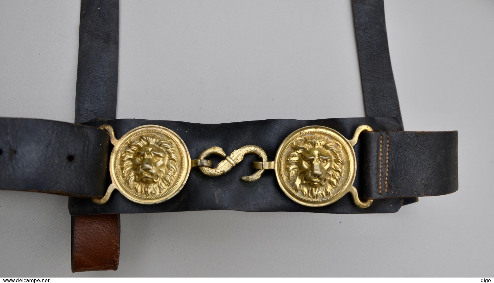 Sabre d’officier de chasseurs à cheval modèle 1792, avec son ceinturon en cuir à boucles à tête de lion en laiton doré.