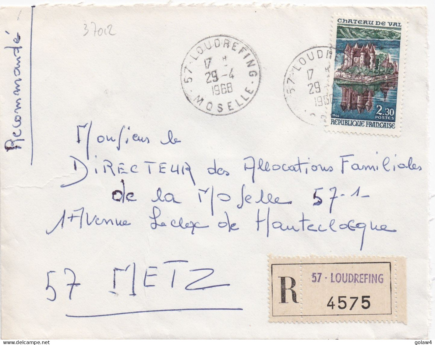 37012# LETTRE FRANCHISE PARTIELLE RECOMMANDE Obl LOUDREFING MOSELLE 1968 Pour METZ 57 - Lettres & Documents