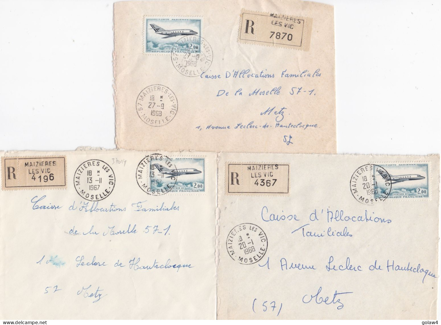 37014# LOT 5 LETTRES FRANCHISE PARTIELLE RECOMMANDE Obl MAIZIERES LES VIC MOSELLE 1967 1968 Pour METZ 57 - Brieven En Documenten