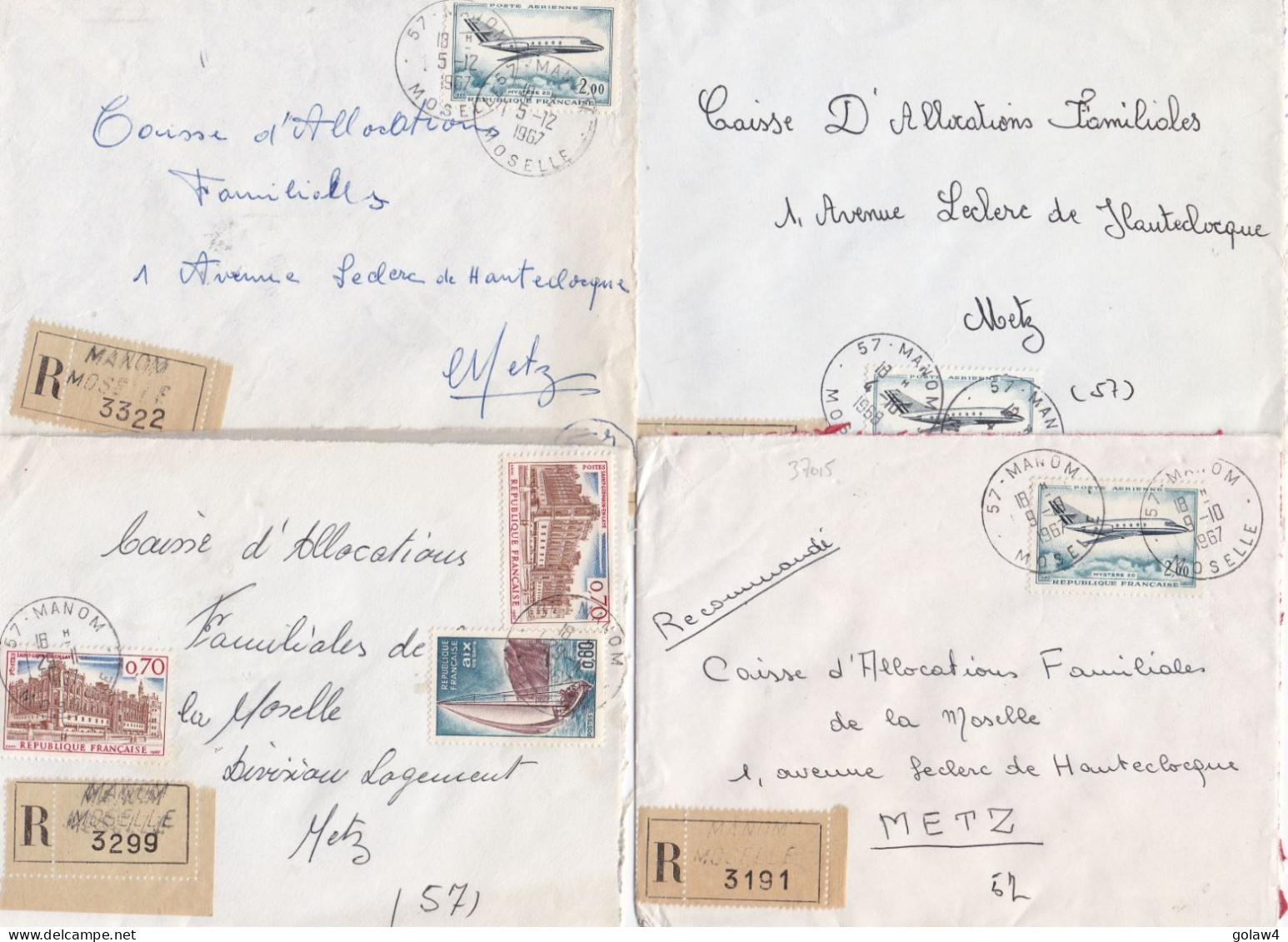 37015# LOT 4 LETTRES FRANCHISE PARTIELLE RECOMMANDE Obl MANOM MOSELLE 1967 1968 Pour METZ 57 - Lettres & Documents