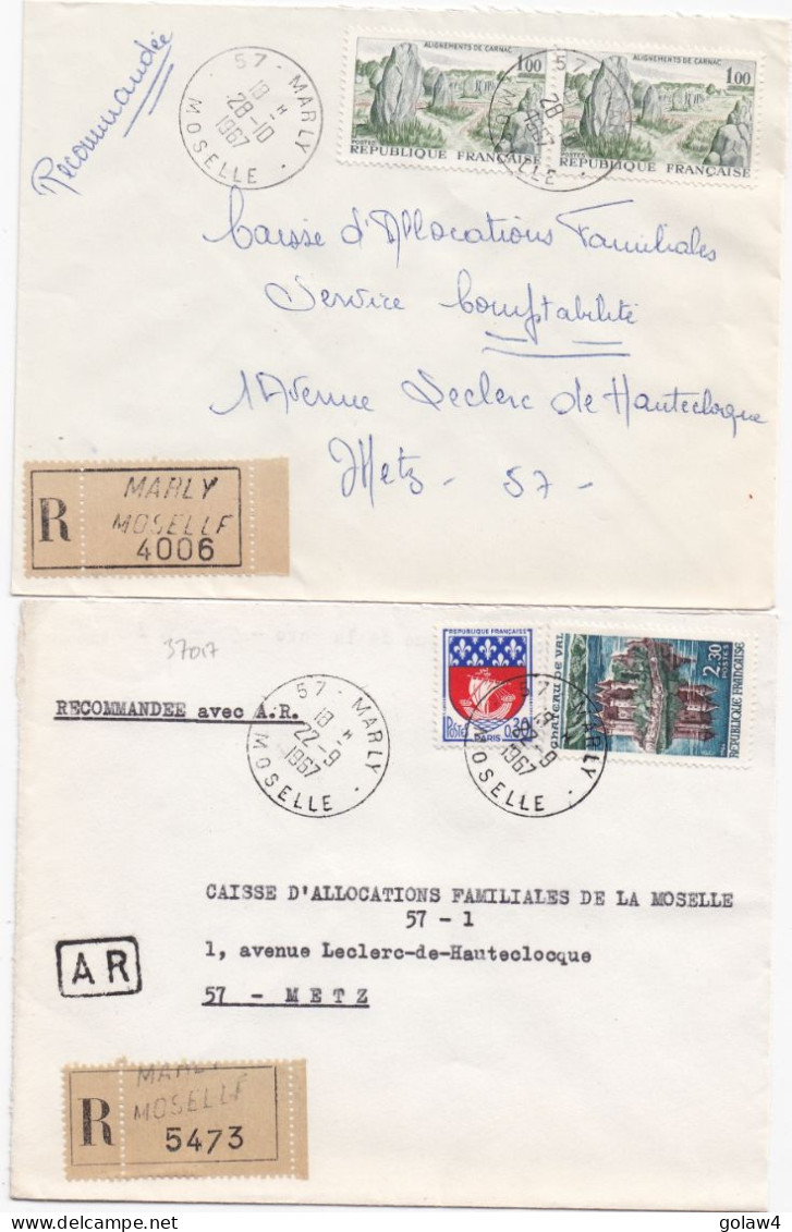 37017# LOT 2 LETTRES FRANCHISE PARTIELLE RECOMMANDE Obl MARLY MOSELLE 1967 Pour METZ 57 - Covers & Documents