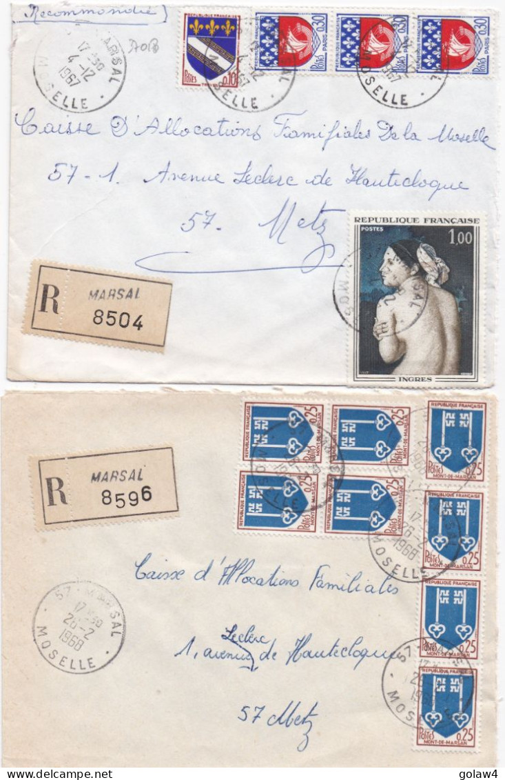 37018# LOT 2 LETTRES FRANCHISE PARTIELLE RECOMMANDE Obl MARSAL MOSELLE 1967 1968 Pour METZ 57 - Cartas & Documentos