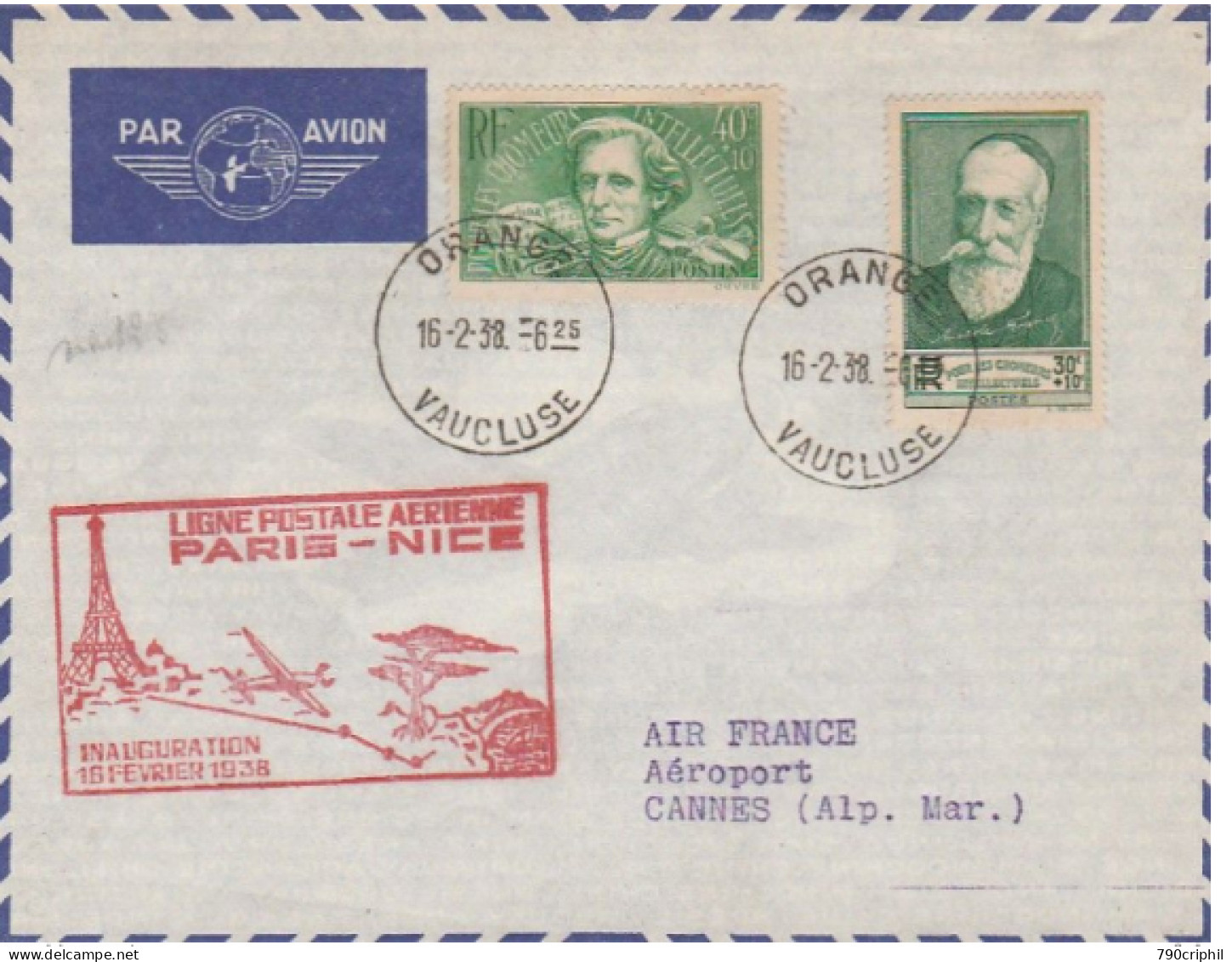 FRANCE LETTRE PAR AVION AVEC CACHET " LIGNE POSTALE AERIENNE PARIS-NICE INAUGURATION 16 FEVRIER 1938" - Erst- U. Sonderflugbriefe