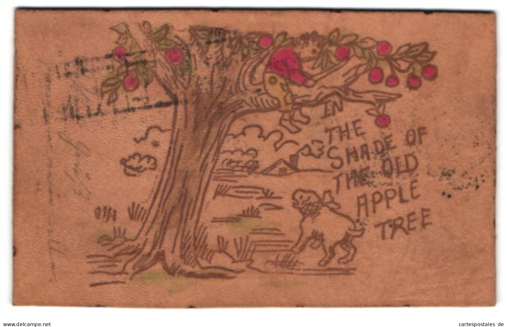 Leder-AK In The Shade Of The Old Apple Tree, Junge Ist Vorm Hund Auf Einen Apfelbaum Geflüchtet  - Autres & Non Classés