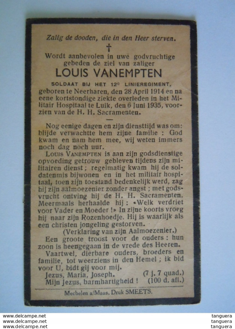 Doodsprentje Louis Vanempten Neerharen 1914 Soldaat 12e Linieregiment Overleden Militair Hospitaal Luik 1935 - Devotion Images