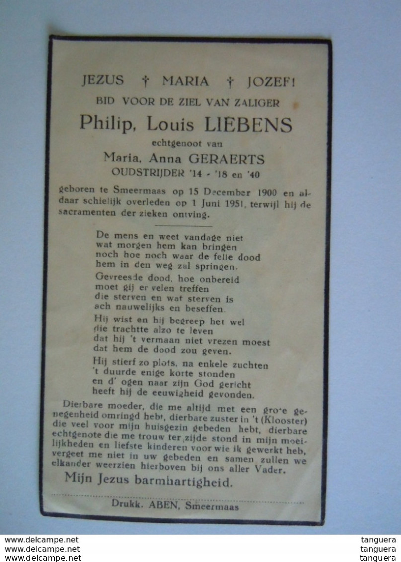 Doodsprentje Phillip Louis Liebens Smeermaas 1900 1951 Oudstrijder 1914-18 En 40 Echt Maria Anna Geraerts - Devotion Images