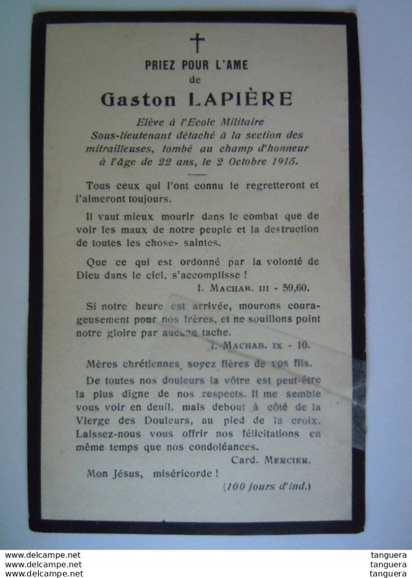 Oorlog Guerre Gaston Lapière élève Ecole Militaire Sous-lieutement Mitrailleuses, Tué Champ D'honneur 1915 Restaurée - Santini