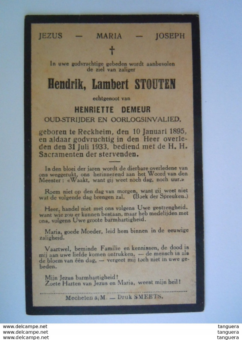 Doodsprentje Hendrik Lambert Stouten Reckheim 1895 - 1933 Oudstrijder En Oorlogsinvalied 1914-18 Echt Henriette Demeur - Devotion Images