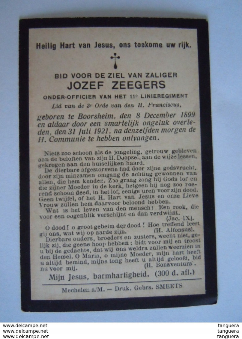 Doodsprentje Jozef Zeegers Onder-officier 11 Linieregiment °Boorsheim 1899 Overleden Ongeluk 1921 - Devotion Images