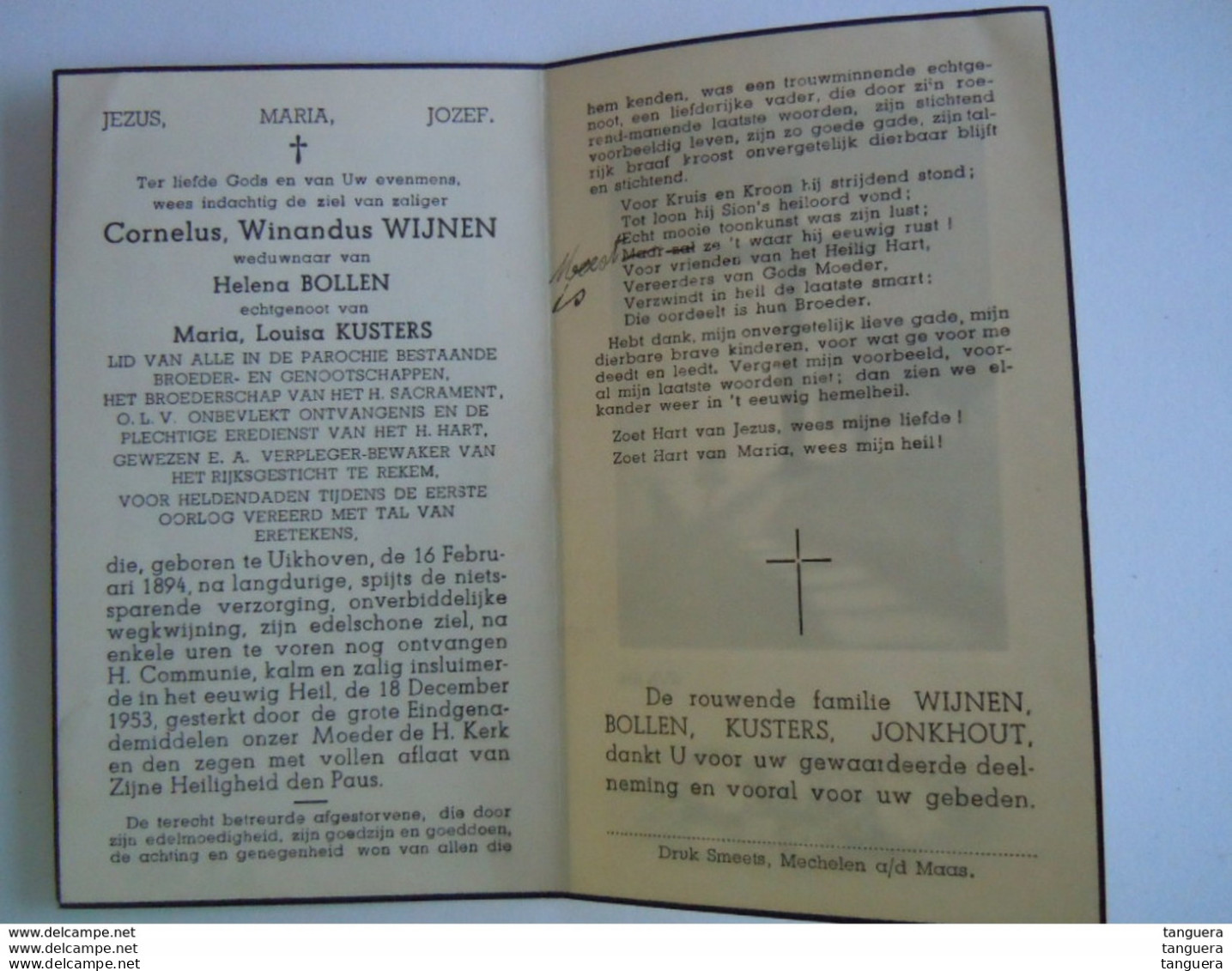 Doodsprentje Cornelus Winandus Wijnen Uikhoven 1894 1953 Oudstrijder 1914-18 Echt Helena Bollen - Maria Kusters - Images Religieuses