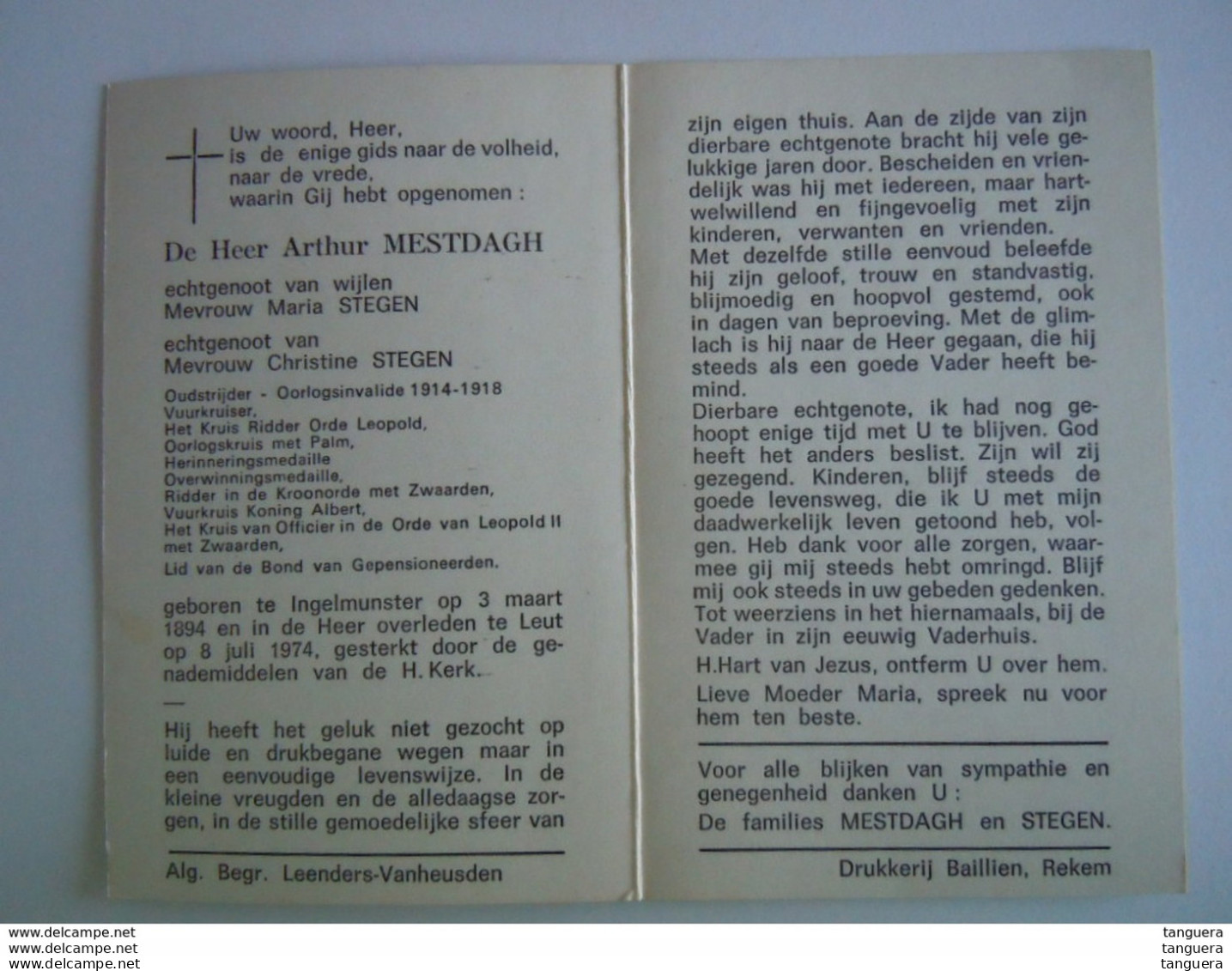 Doodsprentje Arthur Mestdagh Ingelmunster 1894 Leut 1974 Vuurkruiser Oudstrijder 1914-18 Echt Maria + Christine Stegen - Santini
