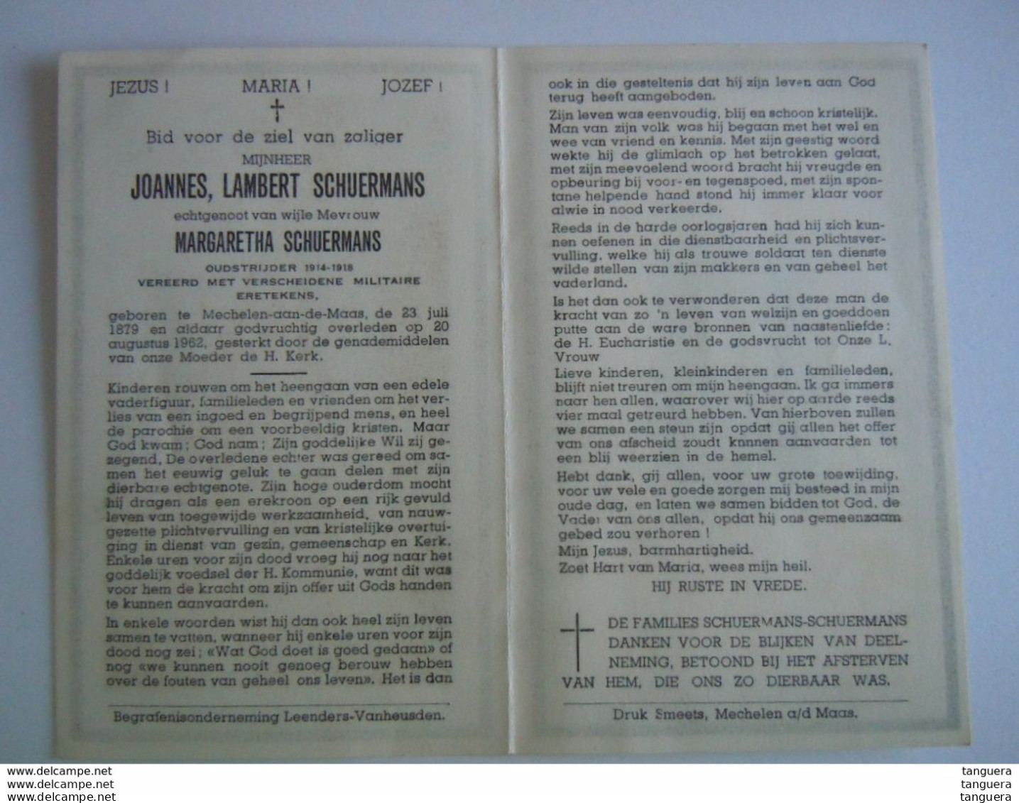 Doodsprentje Joannes Lambert Schuermans Mechelen-aan-de-Maas 1879 1962 Oudstrijder 1914-18 Echt Margaretha Schuermans - Devotion Images