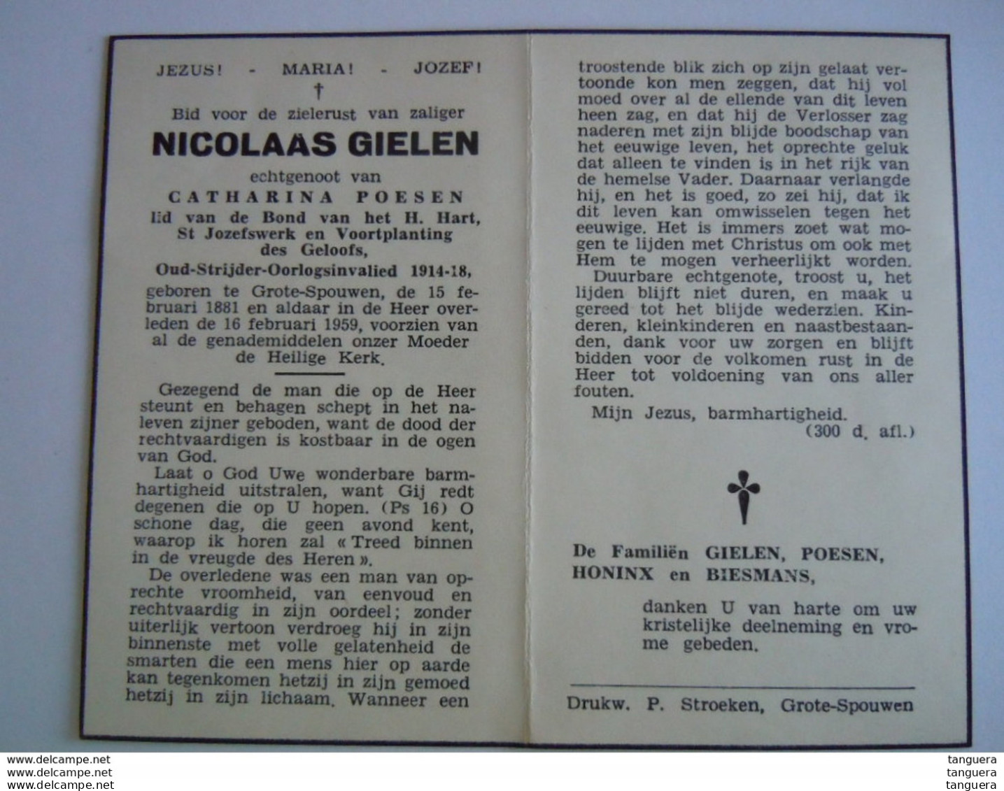Doodsprentje Nicolaas Gielen Groot-Spouwen 1881 1959 Oudstrijder Oorlogsinvalide 1914-18 Echt Catharina Poesen - Devotion Images