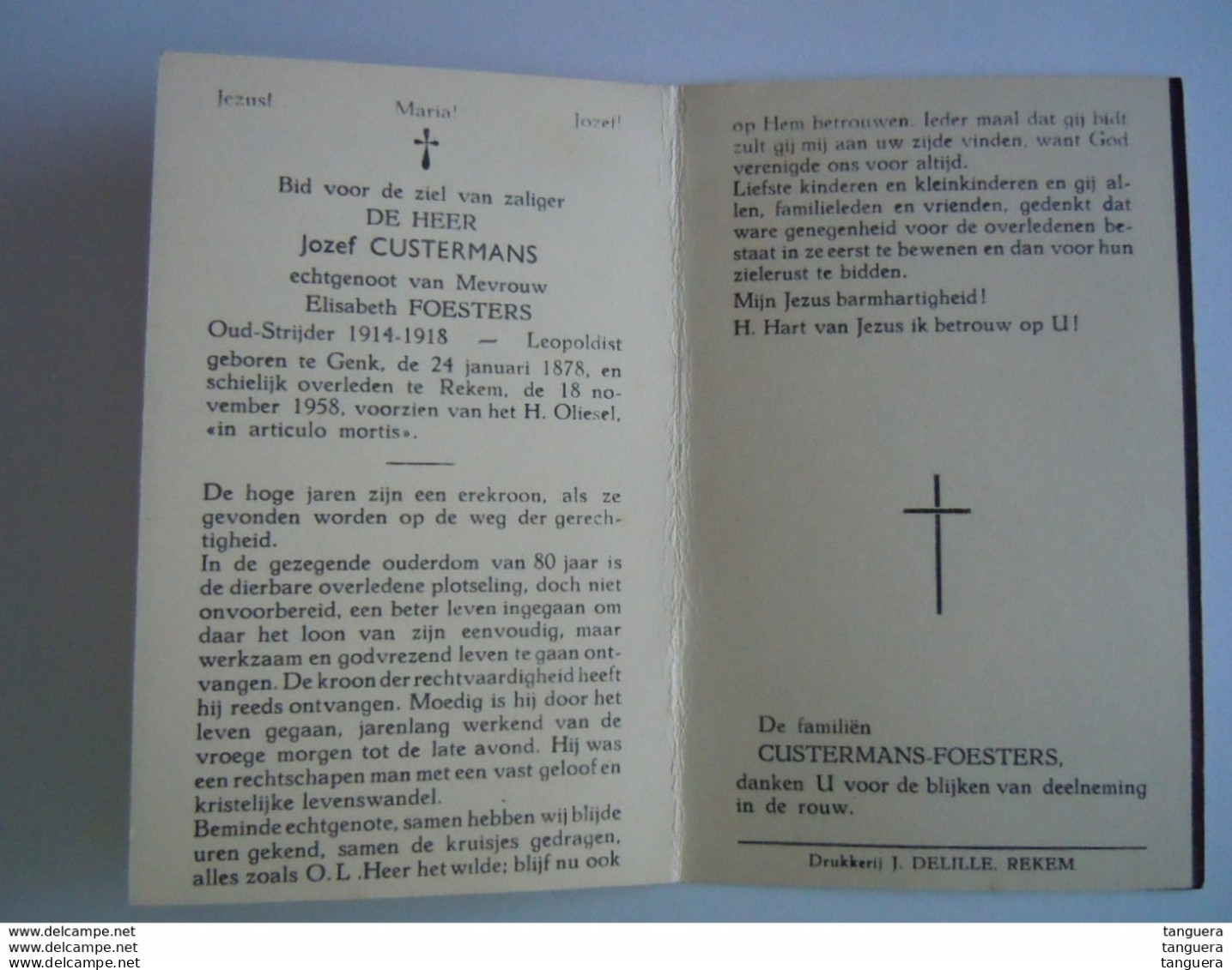 Doodsprentje Jozef Custermans Genk 1878 Rekem 1958 Oudstrijder 1914-18 Leopoldist Echt Elisabeth Foesters - Images Religieuses